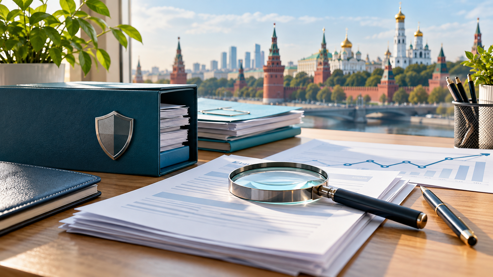 Отчёты, папки и лупа для проверки кредитной истории